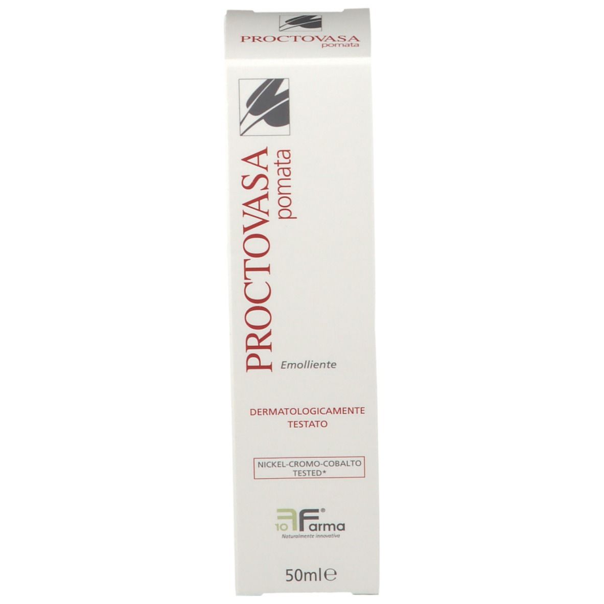 Scatola bianca con nome e logo del prodotto. Testo: PROCTOVASA pomata, Emolliente, Dermatologicamente Testato, 50ml.