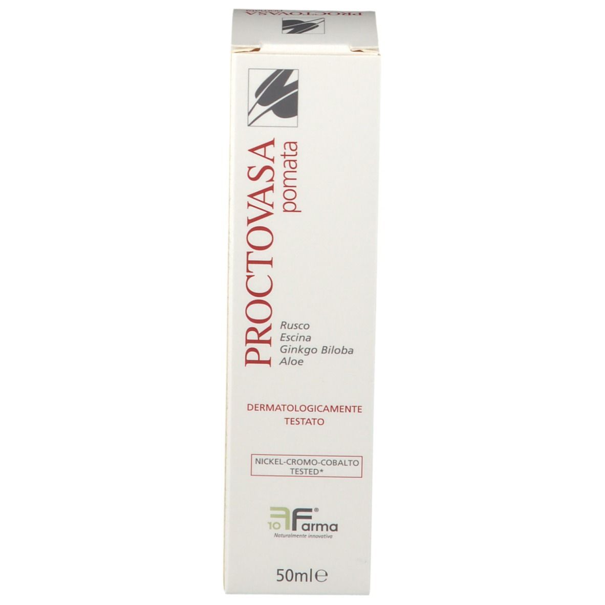 Scatola bianca con nome e logo del prodotto. Testo: PROCTOVASA pomata, Rusco, Escina, Ginkgo Biloba, Aloe, 50ml.