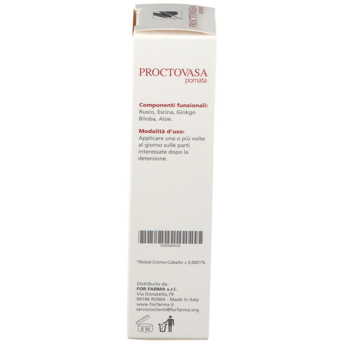 Retro della scatola con ingredienti e istruzioni per l'uso. Testo: PROCTOVASA pomata, Ingredienti, Uso.