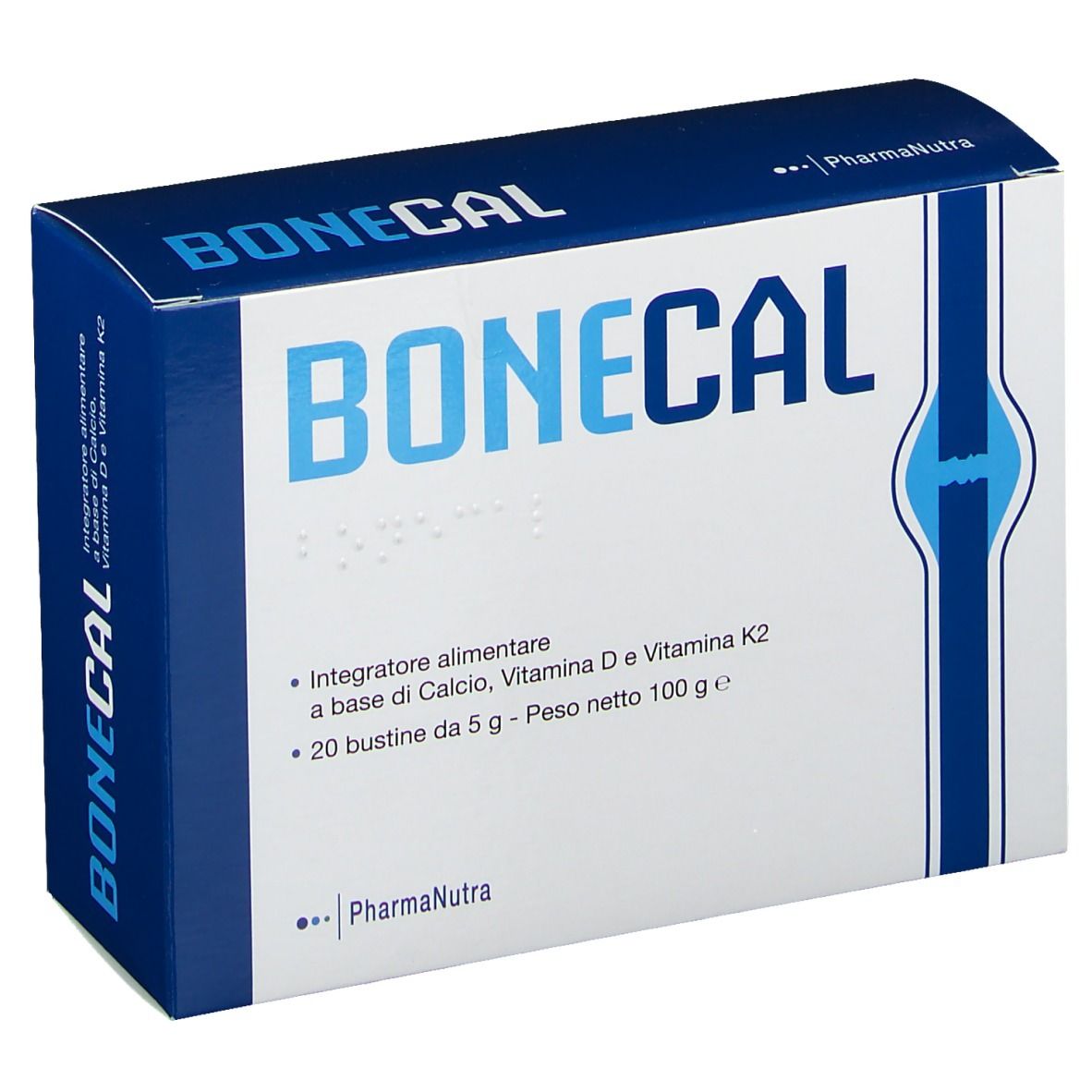 Scatola bianca con scritta blu BONECAL. Contiene informazioni sugli ingredienti e i valori nutrizionali. Logo PharmaNutra.