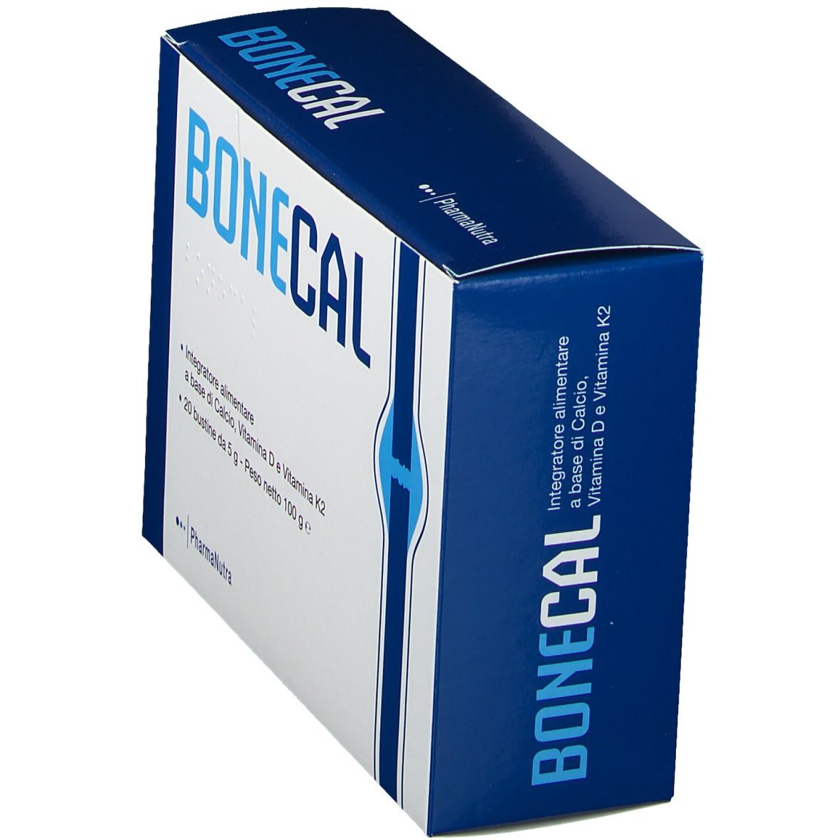 Scatola con scritta blu BONECAL. Contiene informazioni sugli ingredienti e i valori nutrizionali. Logo PharmaNutra.