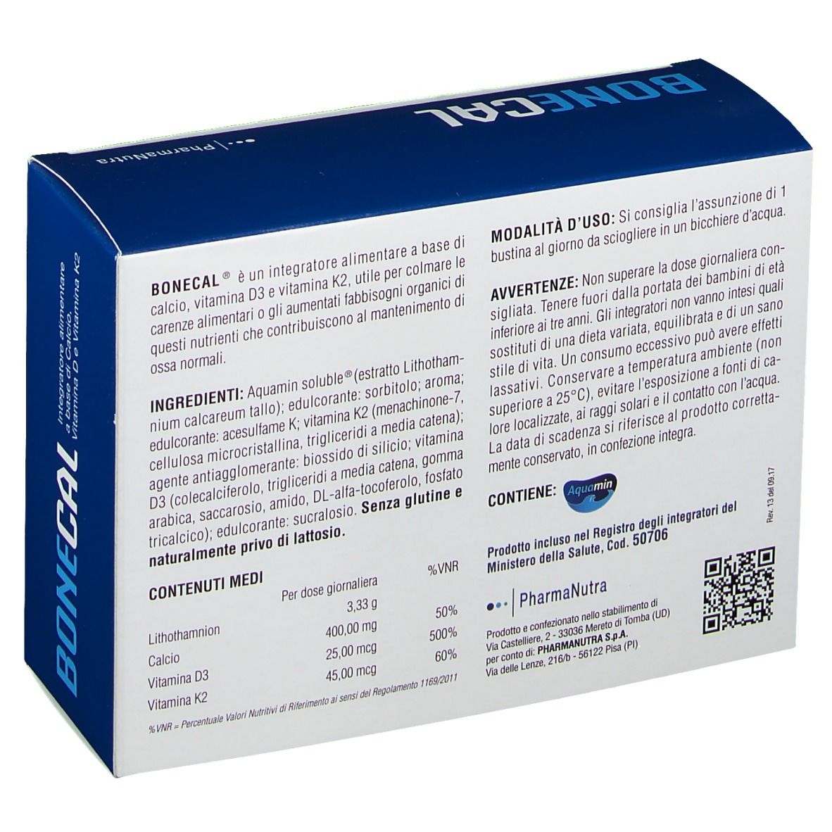 Retro della scatola con ingredienti, istruzioni per l'uso e informazioni nutrizionali. Contiene il logo PharmaNutra.