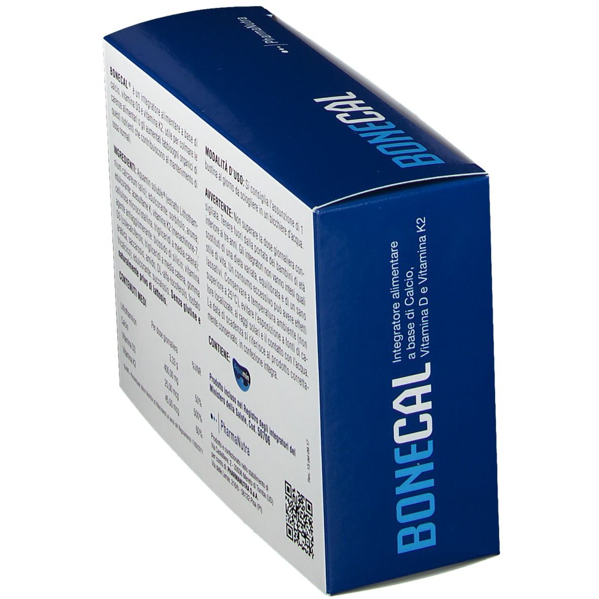 Scatola con scritta blu BONECAL. Contiene informazioni sugli ingredienti e i valori nutrizionali. Logo PharmaNutra.