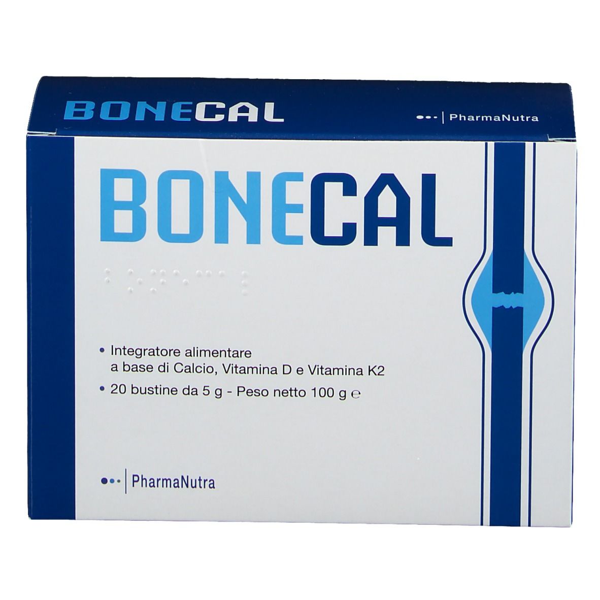 Scatola bianca con scritta blu BONECAL. Contiene informazioni sugli ingredienti e i valori nutrizionali. Logo PharmaNutra.