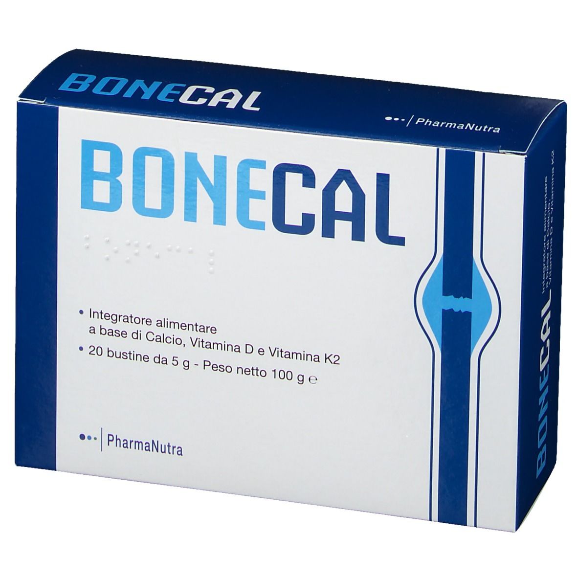 Scatola bianca con scritta blu BONECAL. Contiene informazioni sugli ingredienti e i valori nutrizionali. Logo PharmaNutra.