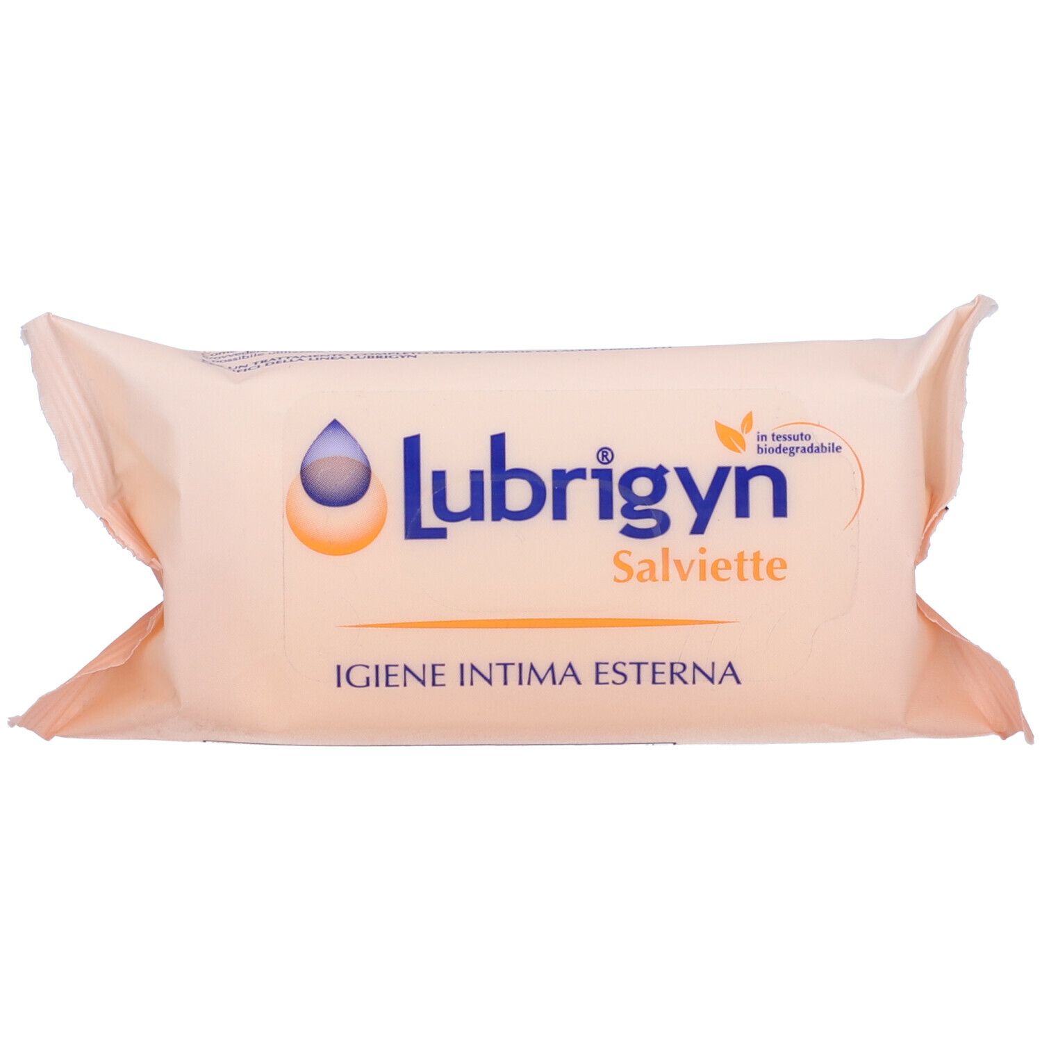 Confezione di salviette Lubrigyn. Nome e logo del prodotto sulla confezione. 'Igiene intima esterna' sotto.