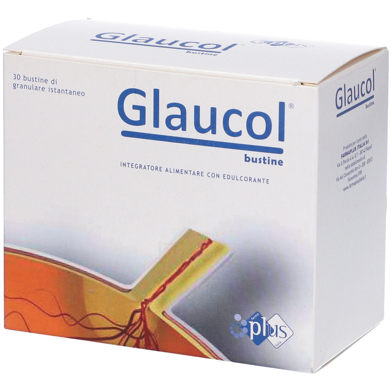 Scatola "Glaucol bustine". Scritta: 30 bustine di granulare istantaneo. Logo Plus.