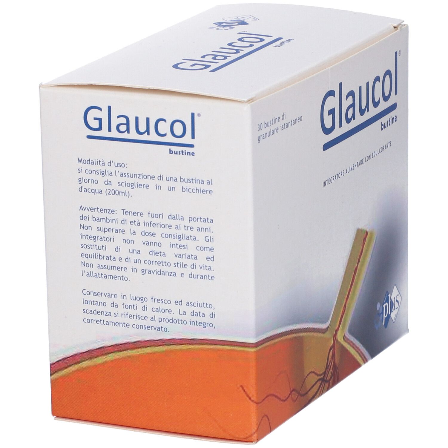 Scatola "Glaucol bustine". Testo: Modalità d'uso, avvertenze. Logo Plus. 30 bustine.