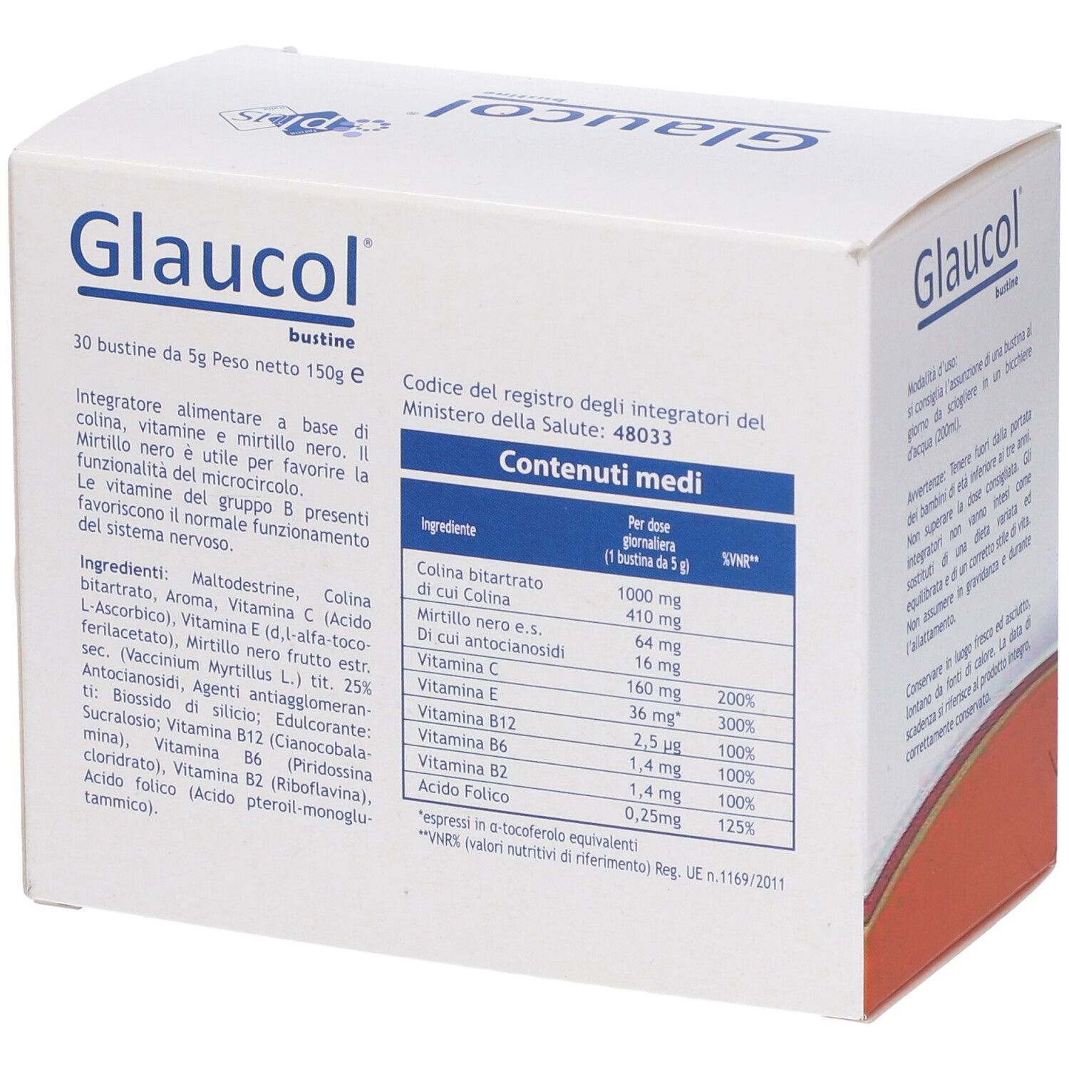 Scatola "Glaucol bustine". Testo: Ingredienti, valori nutrizionali. Codice Ministero della Salute. 30 bustine.