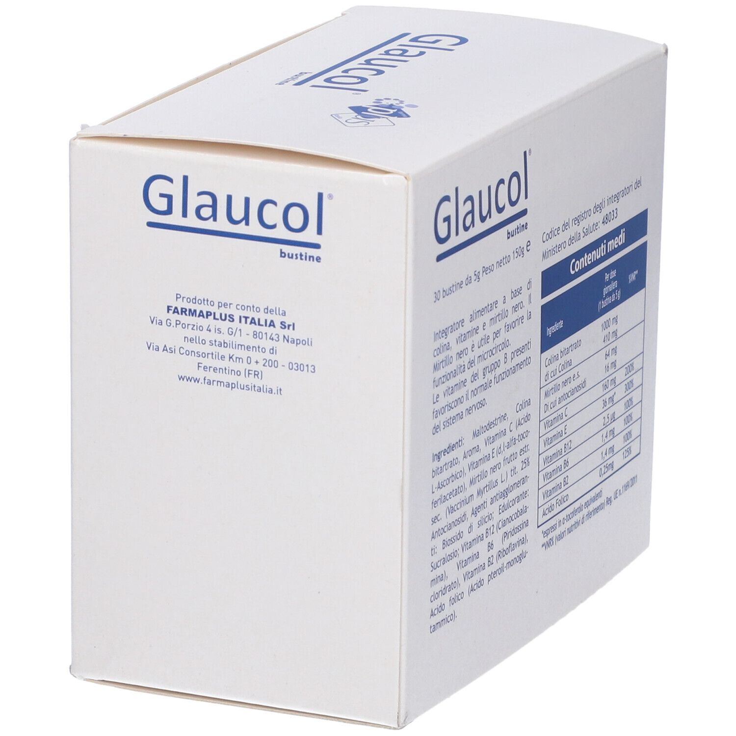 Scatola "Glaucol bustine". Testo: Informazioni produttore, valori nutrizionali. 30 bustine.