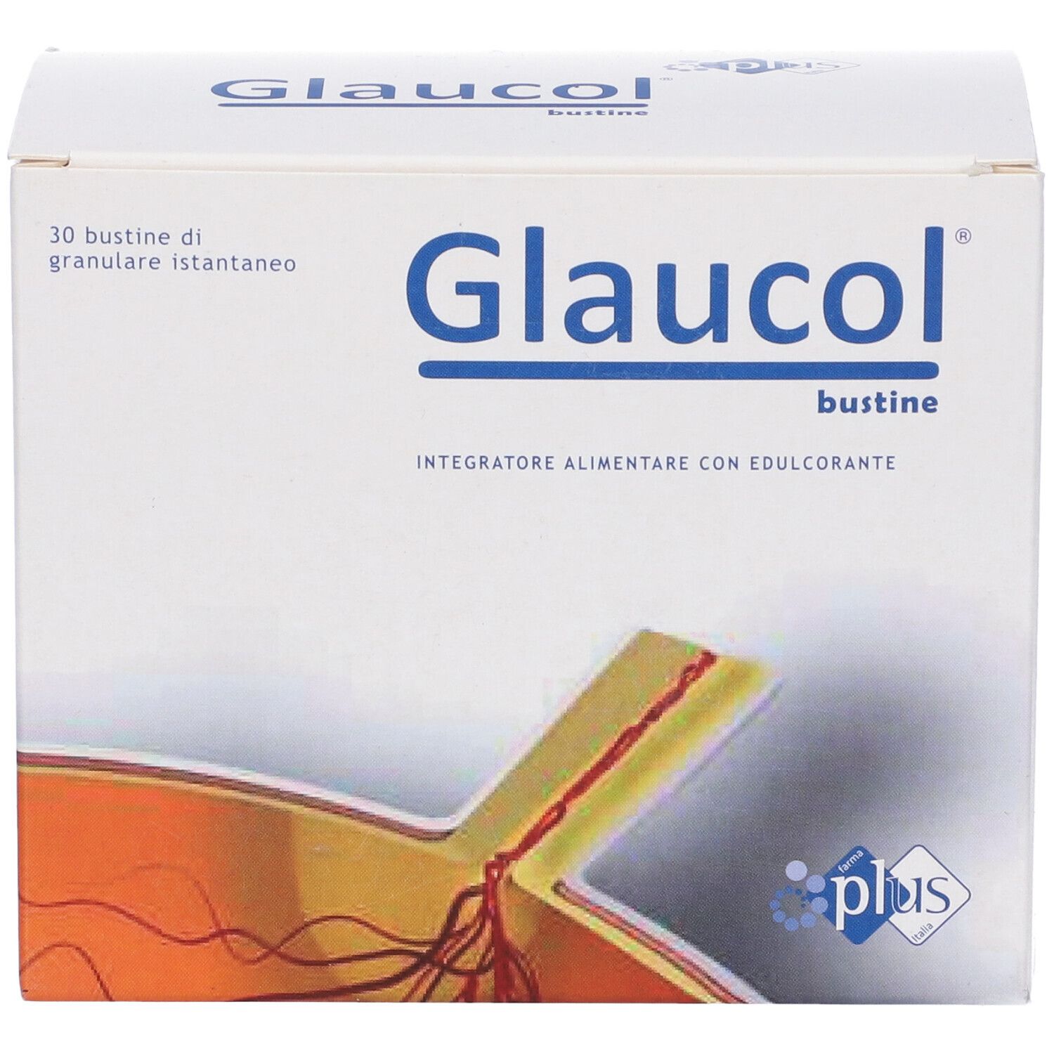 Scatola "Glaucol bustine". Scritta: 30 bustine di granulare istantaneo. Logo Plus.
