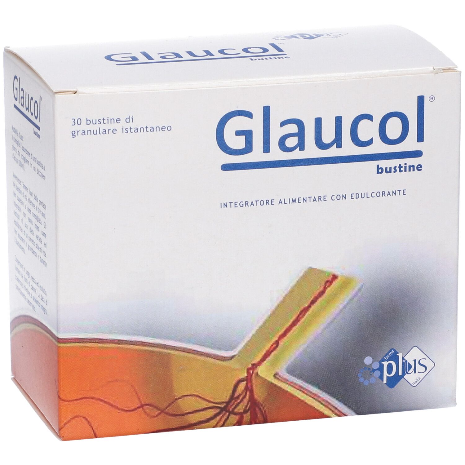 Scatola "Glaucol bustine". Scritta: 30 bustine di granulare istantaneo. Logo Plus.