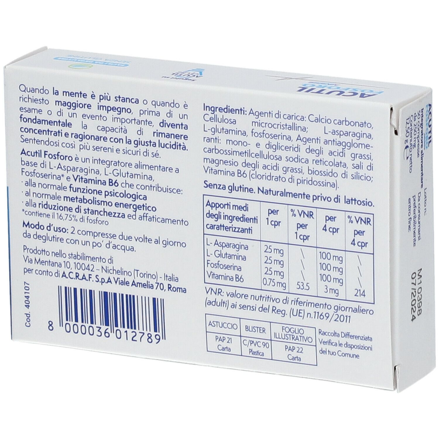 Scatola "ACUTIL FOSFORO Advance" con 50 compresse. Contiene L-Asparagina, L-Glutammina, Fosfoserina e Vitamina B6. Ingredienti sul retro.
