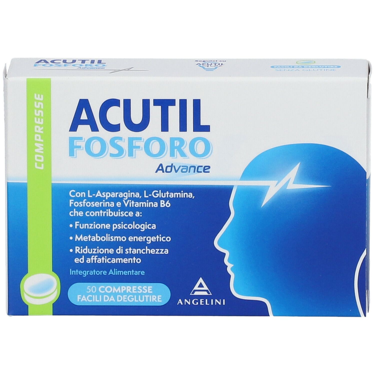 Scatola di compresse "ACUTIL FOSFORO Advance". Contiene L-Asparagina, L-Glutammina, Fosfoserina e Vitamina B6. 50 compresse.