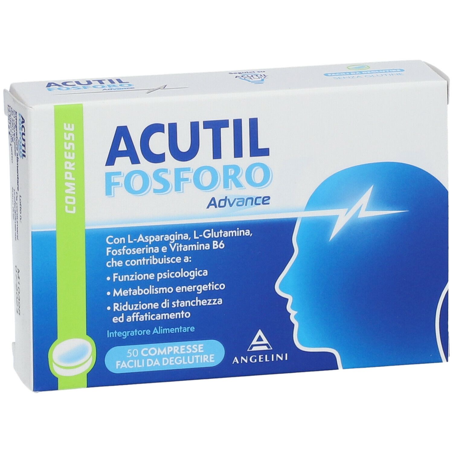 Scatola di compresse "ACUTIL FOSFORO Advance". Contiene L-Asparagina, L-Glutammina, Fosfoserina e Vitamina B6. 50 compresse.