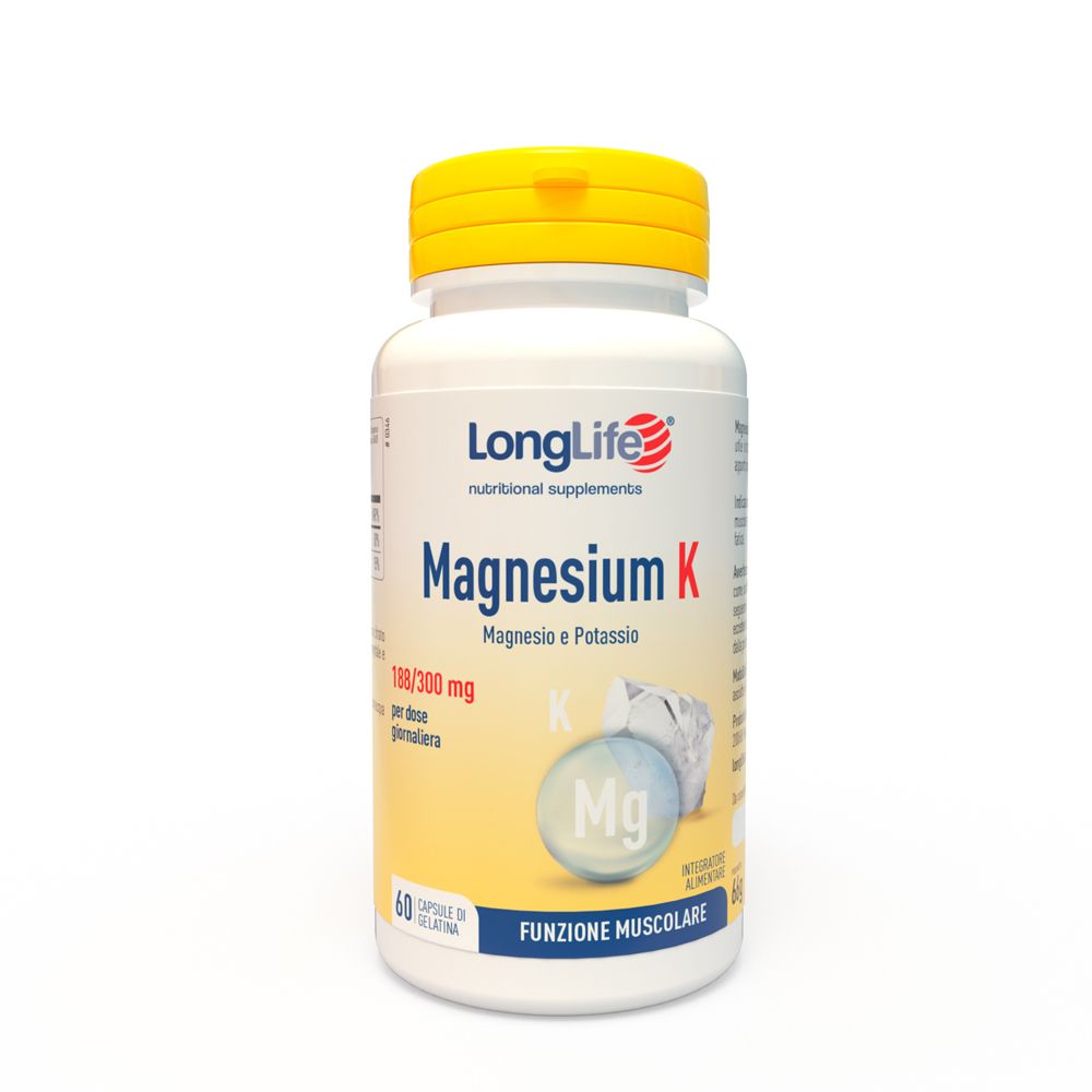 Flacone bianco con tappo giallo. Scritta: LongLife Magnesium K. Contiene 60 capsule.