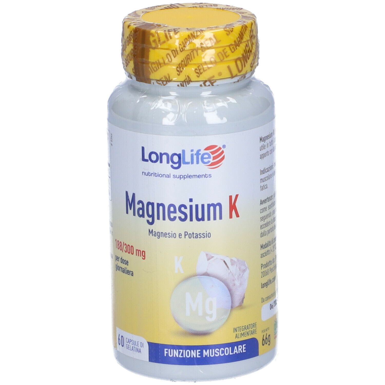 Flacone bianco con tappo giallo. Scritta: LongLife Magnesium K. 60 capsule.