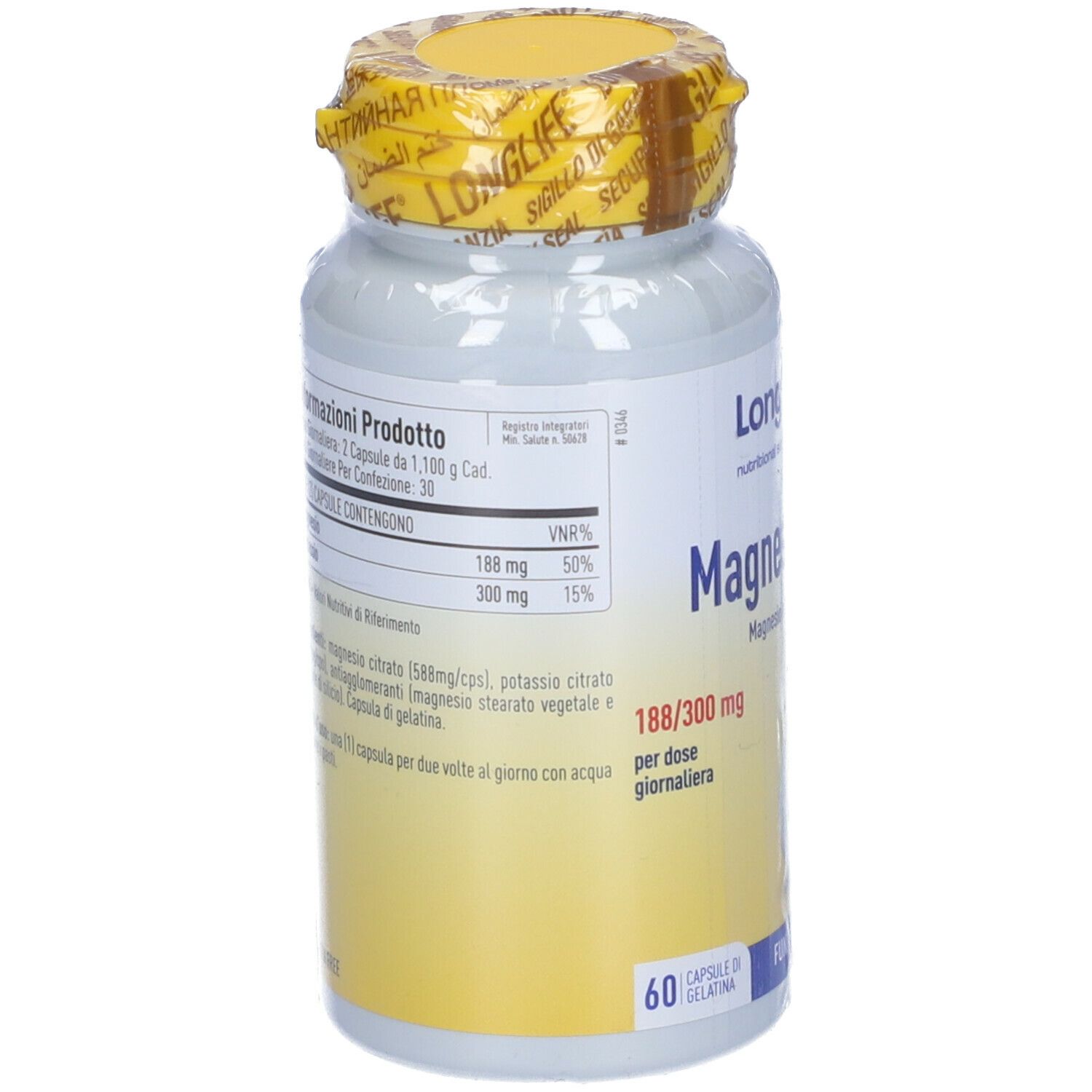 Retro del flacone bianco. Scritta: LongLife Magnesium K. Informazioni sul prodotto.