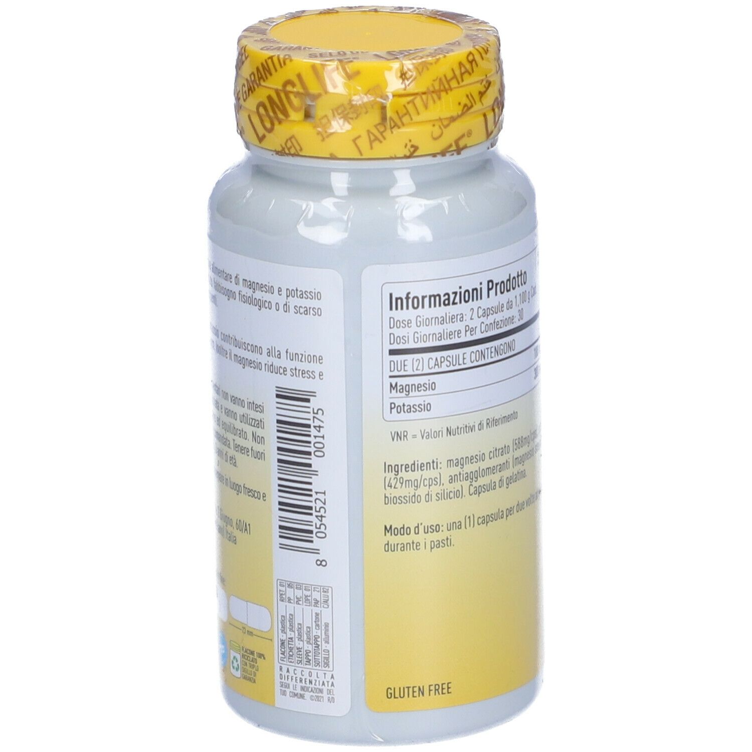 Retro del flacone bianco. Scritta: LongLife Magnesium K. Senza glutine.