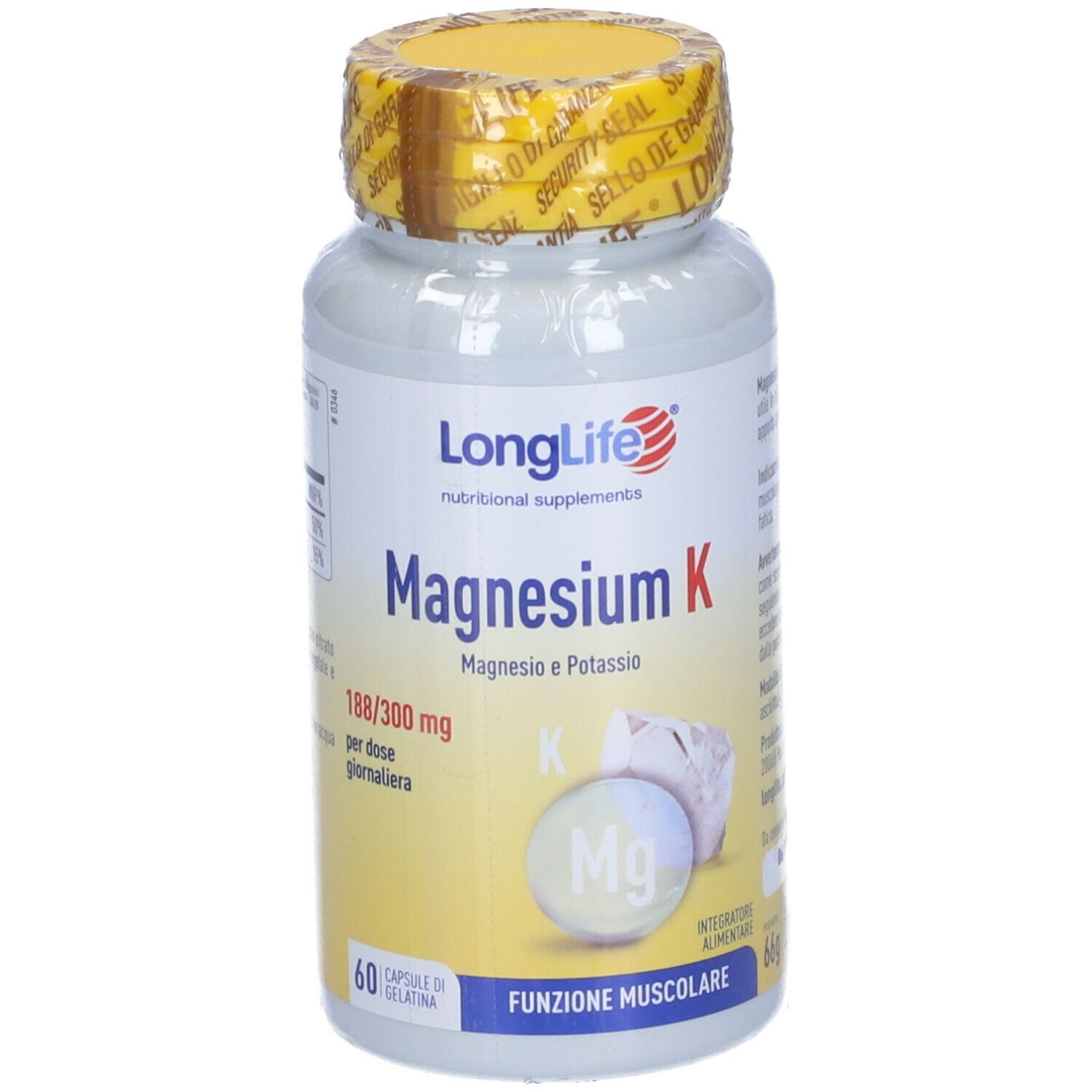 Flacone bianco con tappo giallo. Scritta: LongLife Magnesium K. 60 capsule.