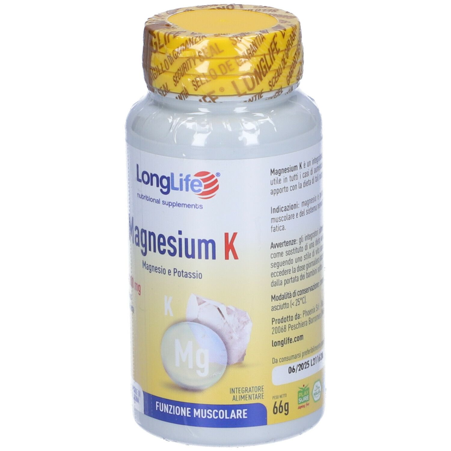 Flacone bianco con tappo giallo. Scritta: LongLife Magnesium K. 60 capsule.