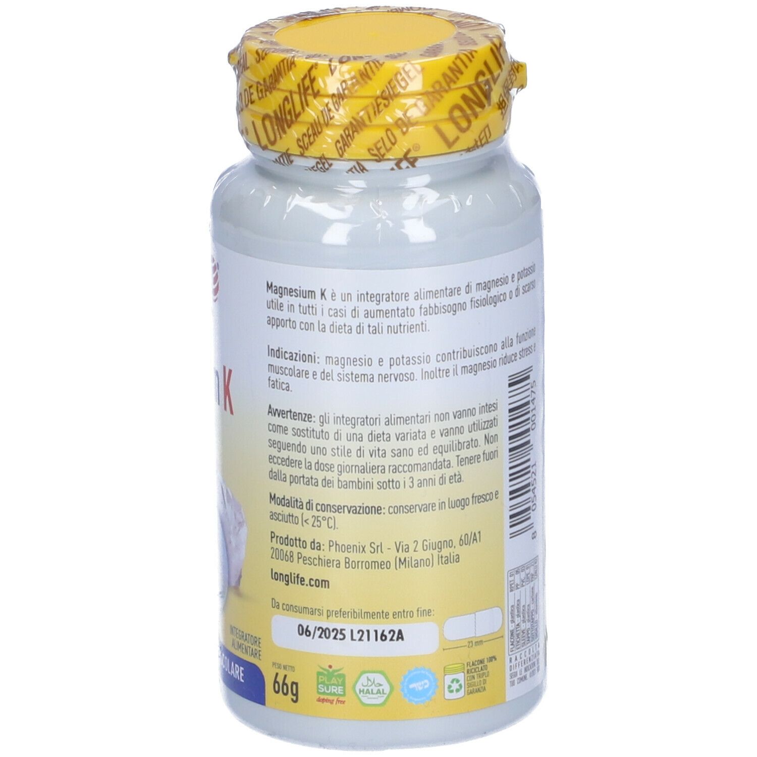 Retro del flacone bianco. Scritta: LongLife Magnesium K. Informazioni sul prodotto.