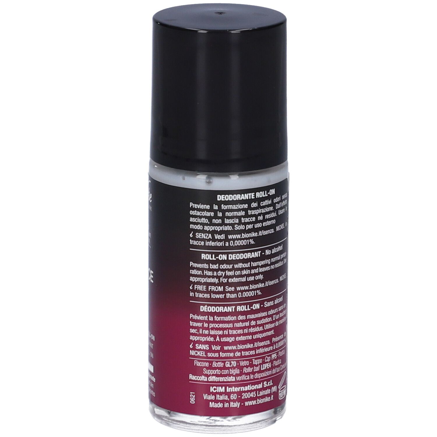 Roll-on Deodorant Flasche mit schwarzem Deckel. Enthält Text über Inhaltsstoffe und Anwendung.