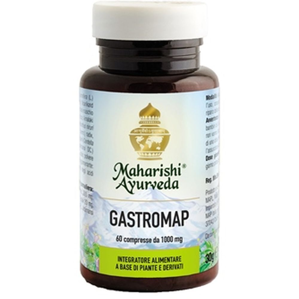 Flacone marrone di compresse, tappo bianco. Scritta: Gastromap, Maharishi Ayurveda. 60 compresse.