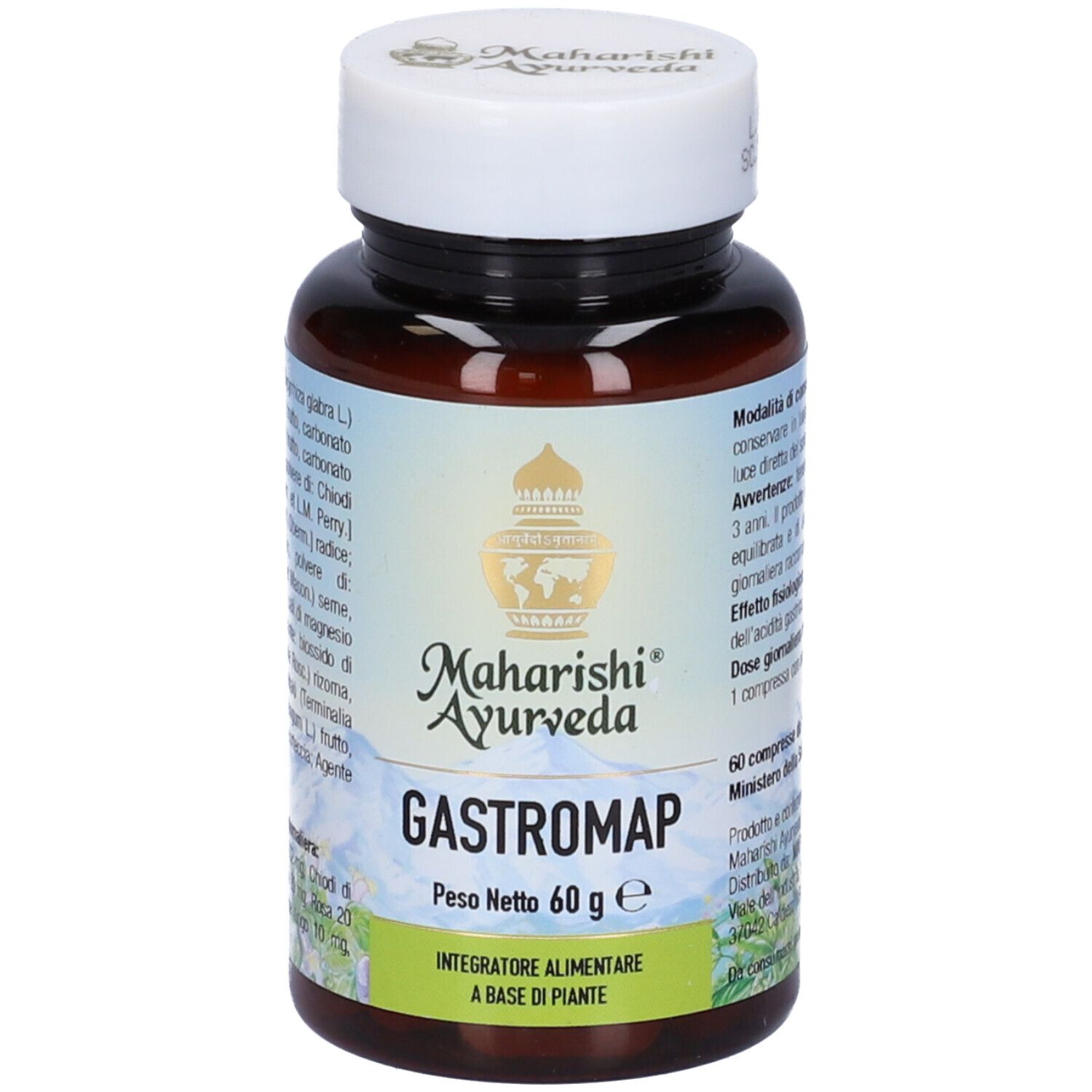 Flacone marrone di compresse, tappo bianco. Scritta: Gastromap, Maharishi Ayurveda. Peso netto 60 g.