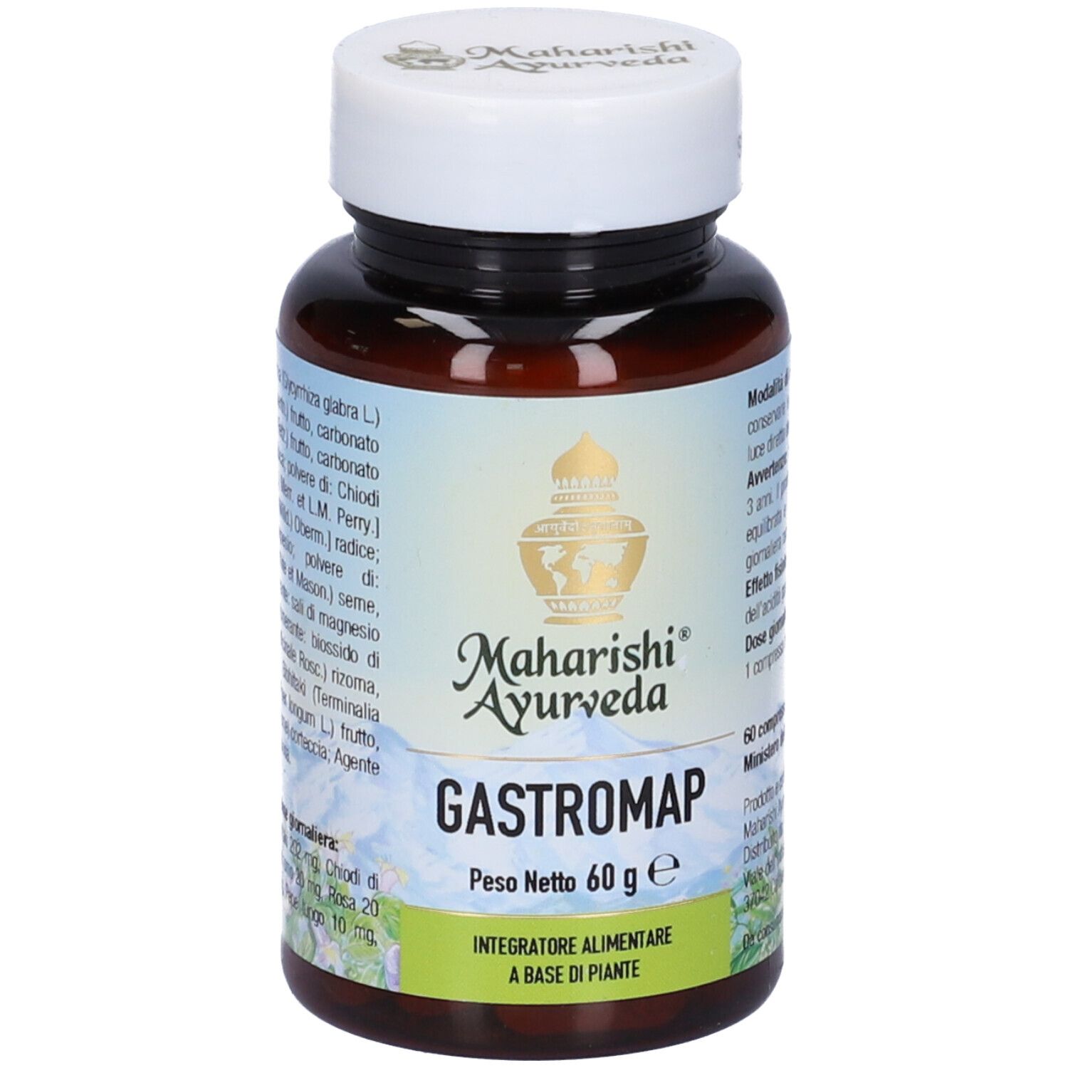 Flacone marrone di compresse, tappo bianco. Scritta: Gastromap, Maharishi Ayurveda. Peso netto 60 g.