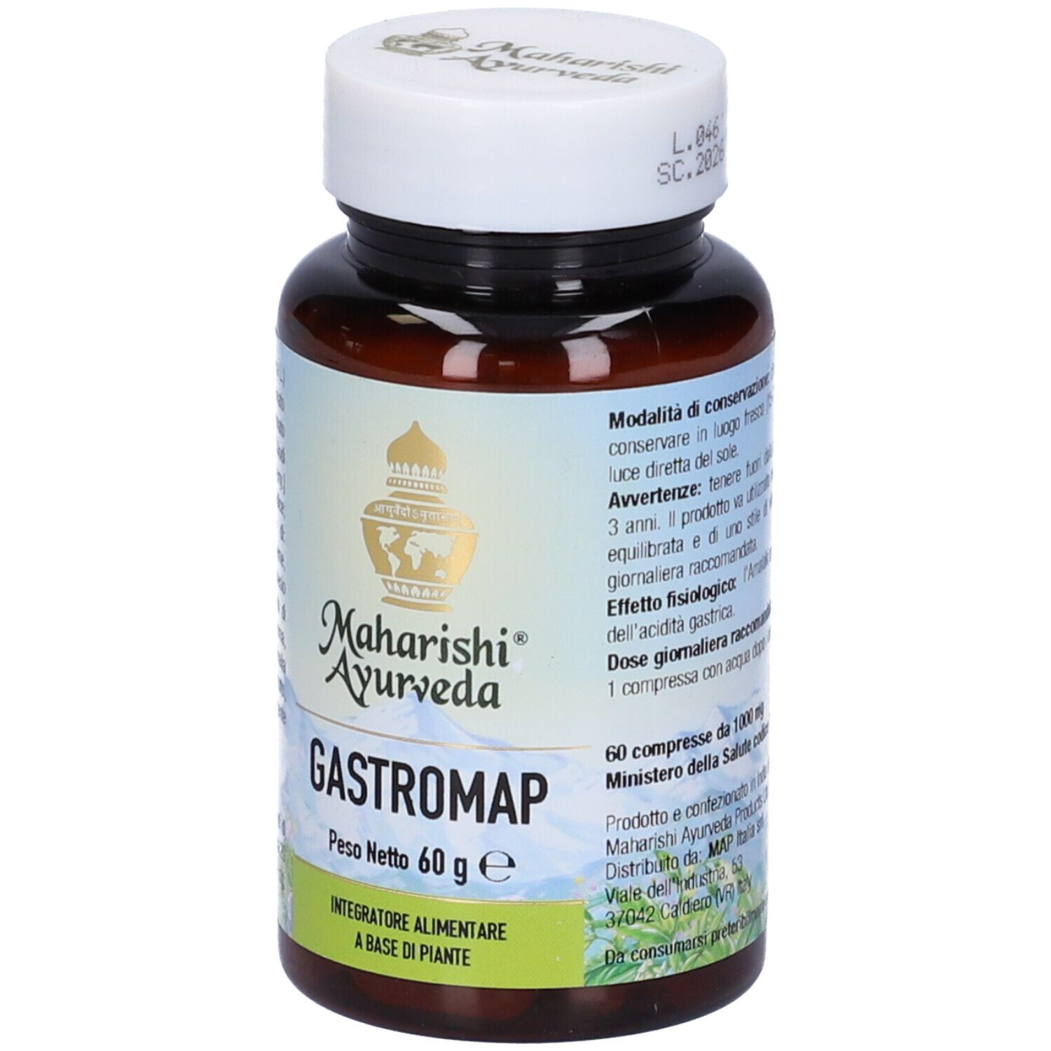 Flacone marrone di compresse, tappo bianco. Scritta: Gastromap, Maharishi Ayurveda. Peso netto 60 g.