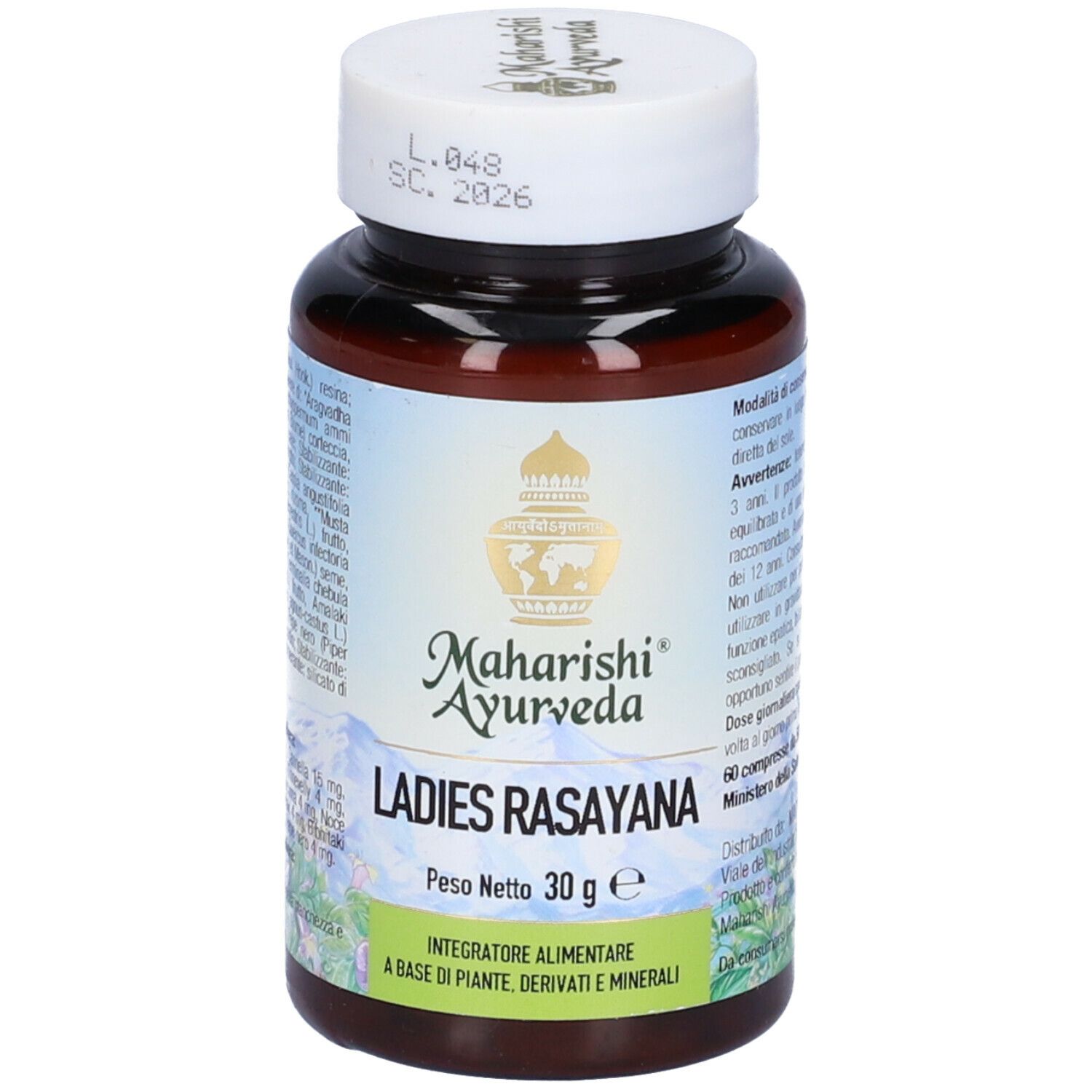 Flacone marrone con tappo bianco. Scritta: Ladies Rasayana. Marchio: Maharishi Ayurveda. Peso netto: 30g.