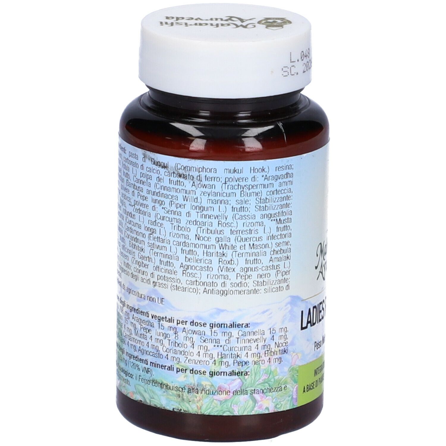Retro del flacone. Elenco ingredienti e informazioni nutrizionali. Scritta: Ladies Rasayana. Marchio: Maharishi Ayurveda.