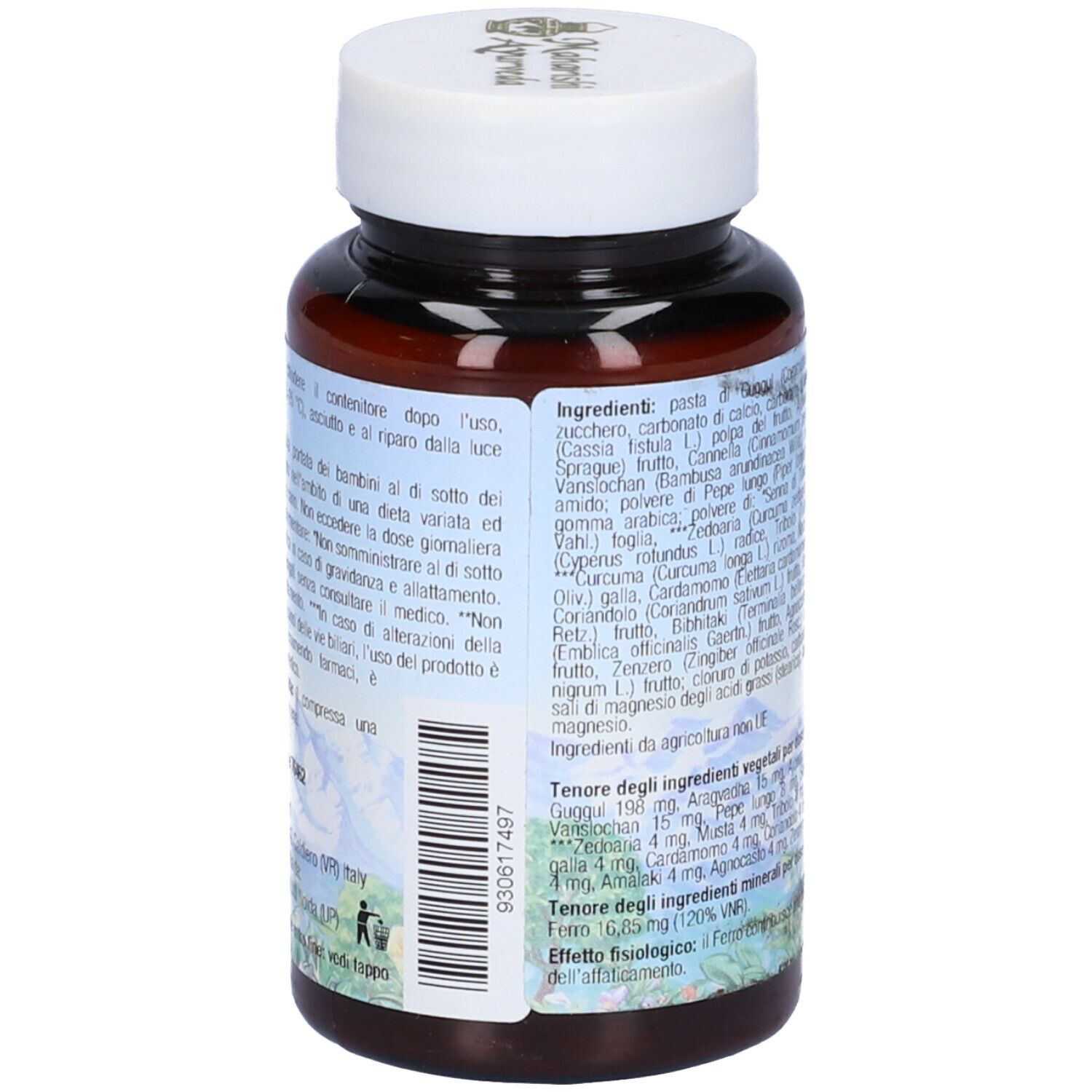 Retro del flacone. Elenco ingredienti e informazioni nutrizionali. Scritta: Ladies Rasayana. Marchio: Maharishi Ayurveda.