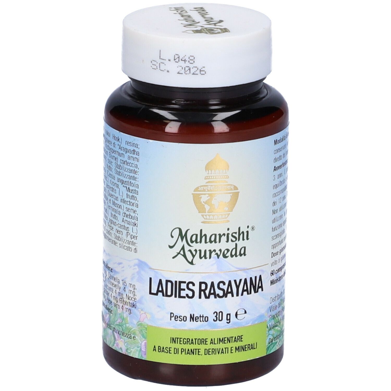 Flacone marrone con tappo bianco. Scritta: Ladies Rasayana. Marchio: Maharishi Ayurveda. Peso netto: 30g.