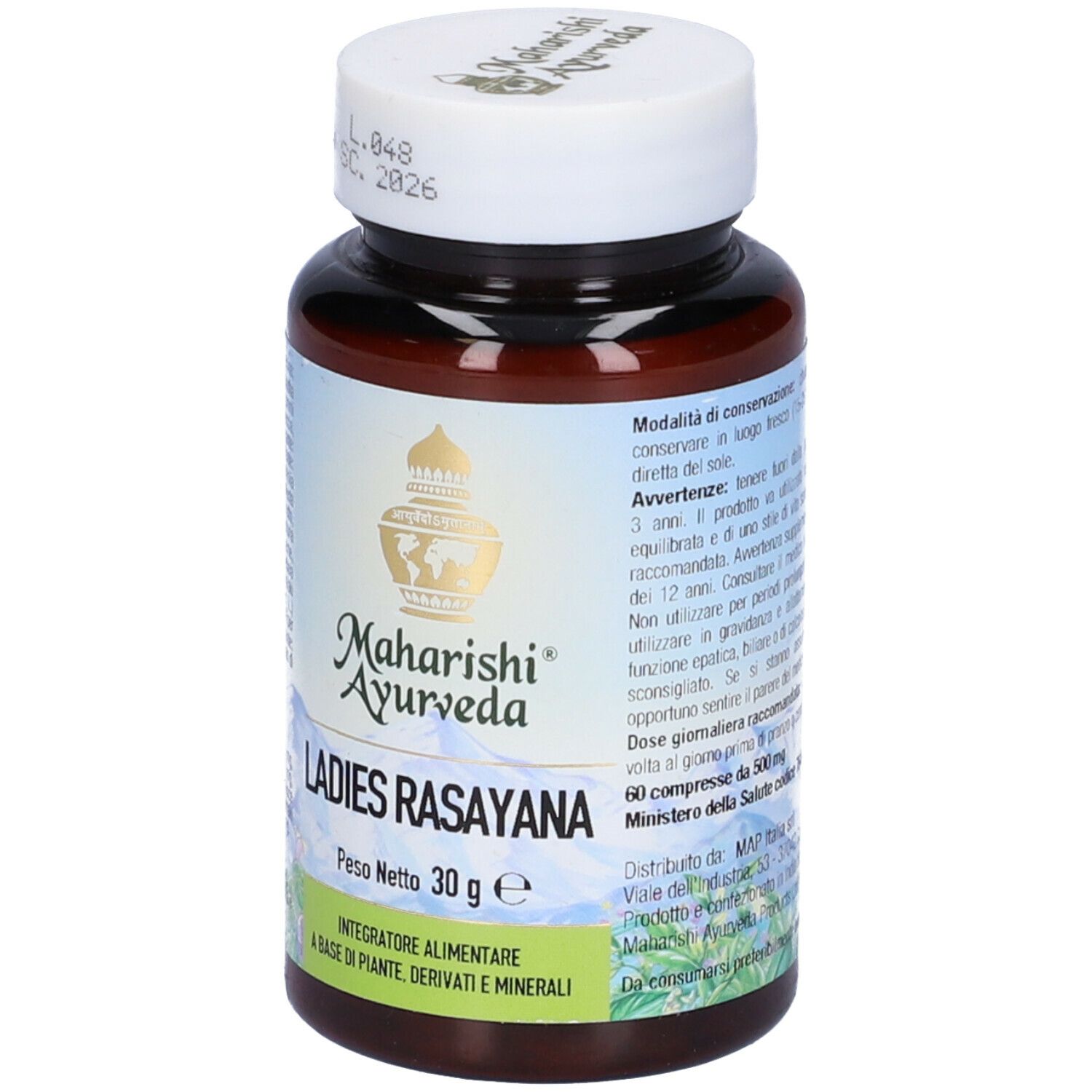 Flacone marrone con tappo bianco. Scritta: Ladies Rasayana. Marchio: Maharishi Ayurveda. 60 compresse.