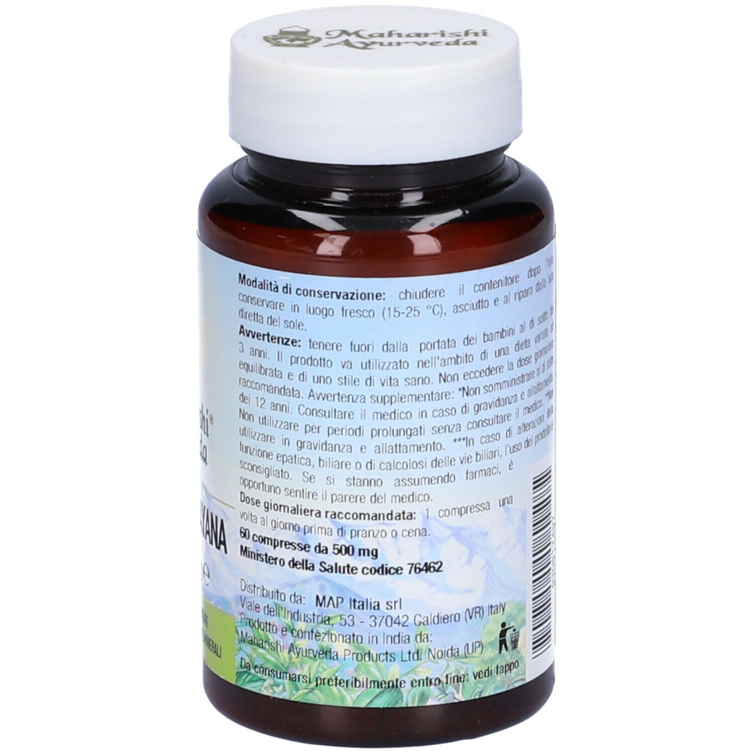 Retro del flacone. Scritta: Ladies Rasayana. Marchio: Maharishi Ayurveda. 60 compresse. Informazioni produttore.