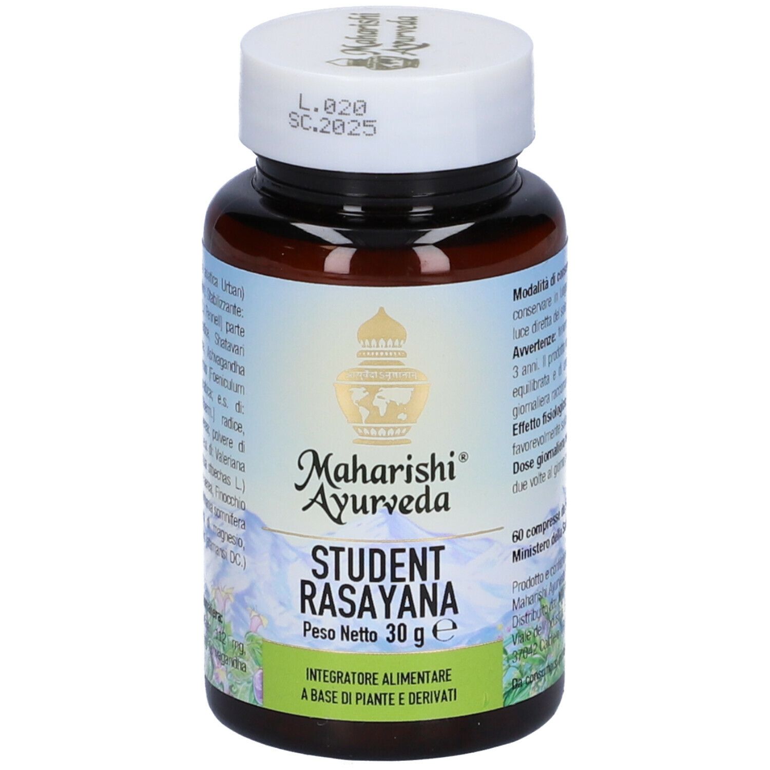 Flacone di compresse marrone con tappo bianco. Scritta: Student Rasayana, 30 g. Marchio: Maharishi Ayurveda.
