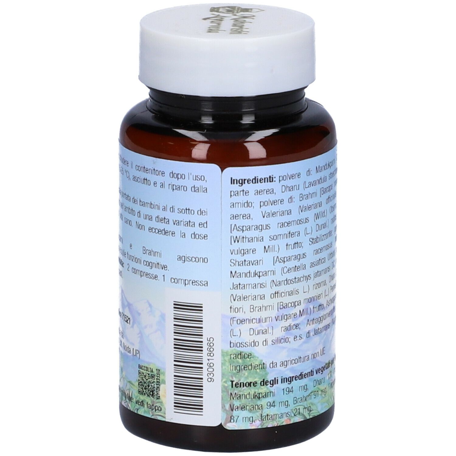 Retro di un flacone di compresse marrone. Elenco ingredienti e informazioni. Marchio: Maharishi Ayurveda. Prodotto: Student Rasayana.
