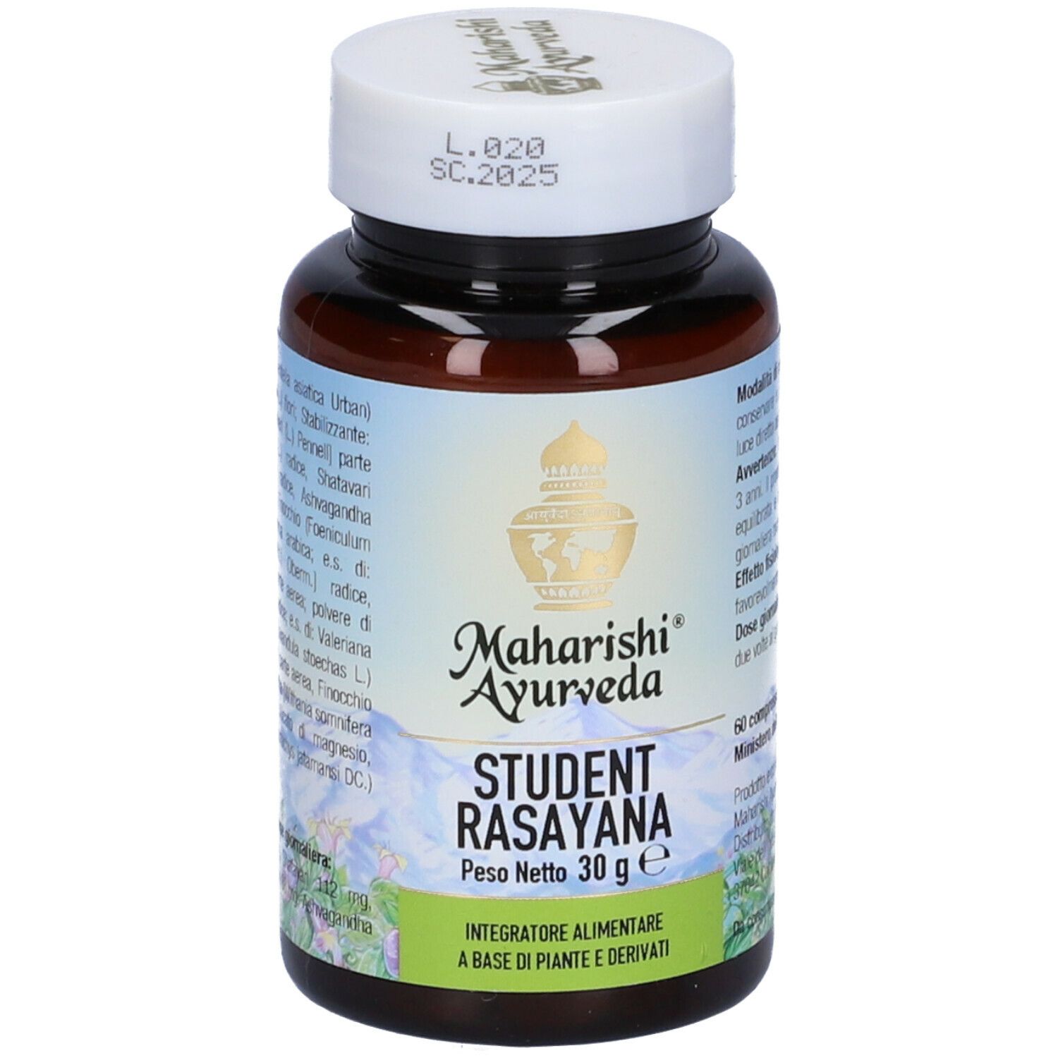Flacone di compresse marrone con tappo bianco. Scritta: Student Rasayana, 30 g. Marchio: Maharishi Ayurveda.