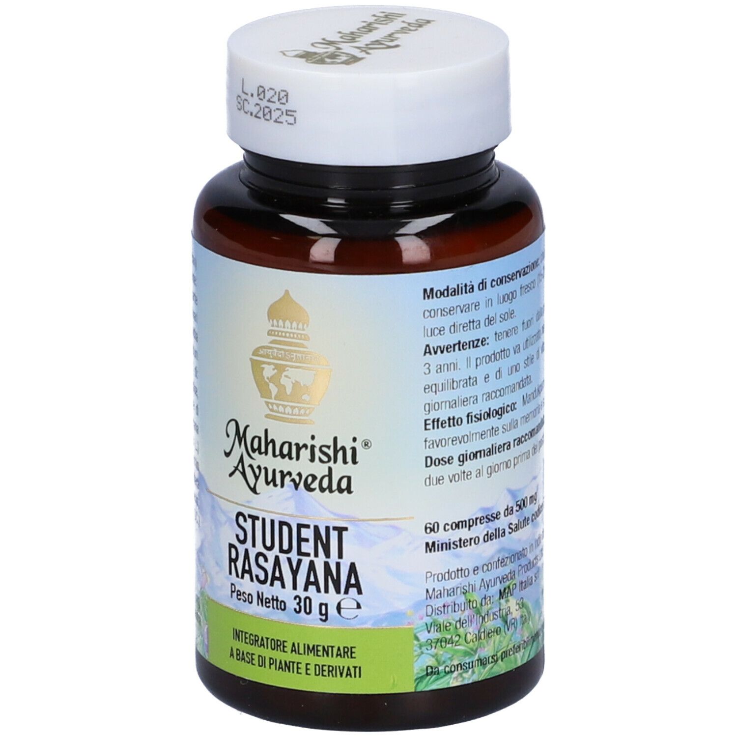 Flacone di compresse marrone con tappo bianco. Scritta: Student Rasayana, 30 g. Marchio: Maharishi Ayurveda. 60 compresse.