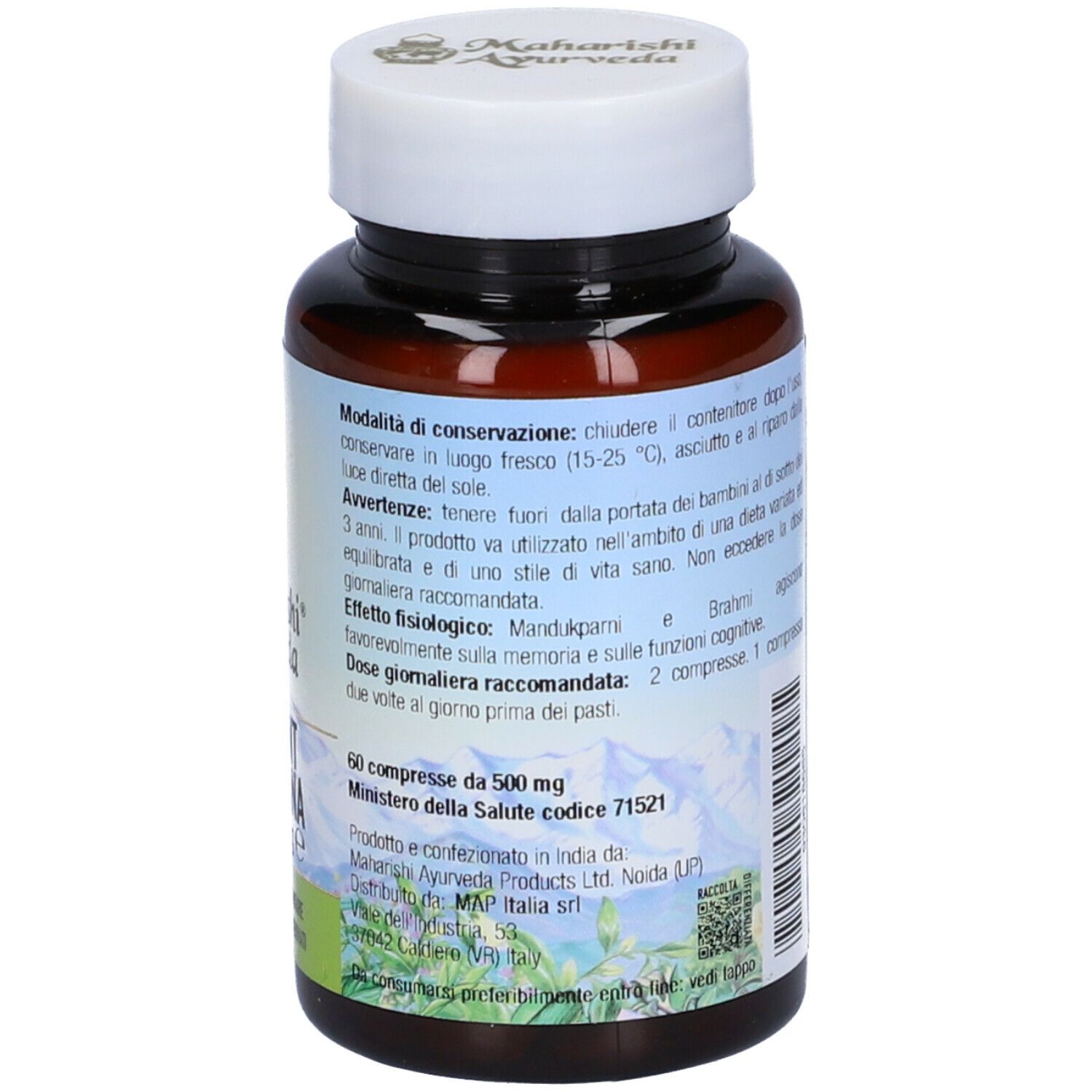 Retro di un flacone di compresse marrone. Informazioni e ingredienti. Marchio: Maharishi Ayurveda. Prodotto: Student Rasayana. 60 compresse.