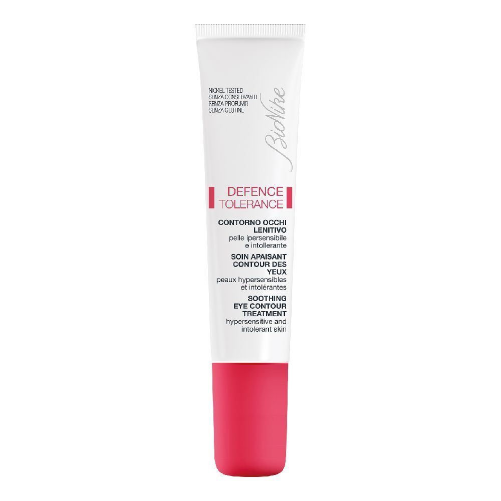 Tube blanc et rouge. Inscription: DEFENCE TOLERANCE, Contour des yeux. Marque: BioNike.