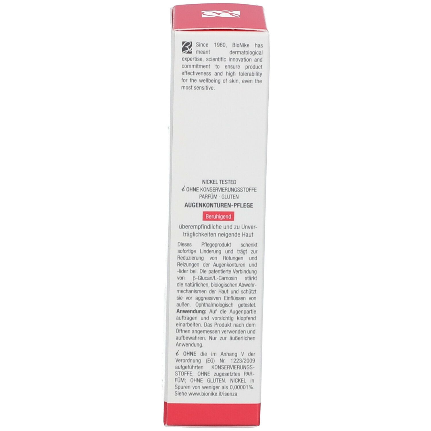 Emballage du produit. Inscription: Soin contour des yeux. Texte sur les ingrédients et l'utilisation. Marque: BioNike.
