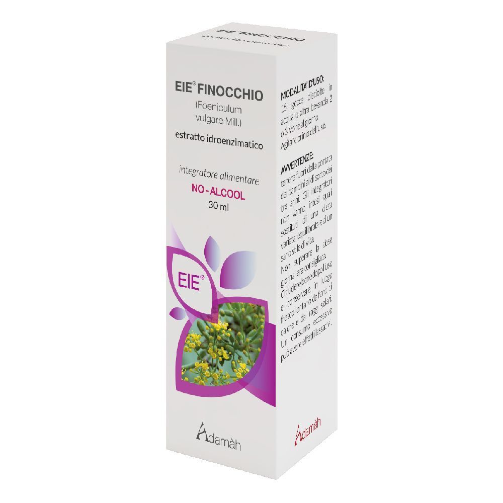 Scatola bianca con informazioni sul prodotto. Scritto: EIE Finocchio, 30 ml, NO-ALCOOL. Logo: EIE, Adamàh.