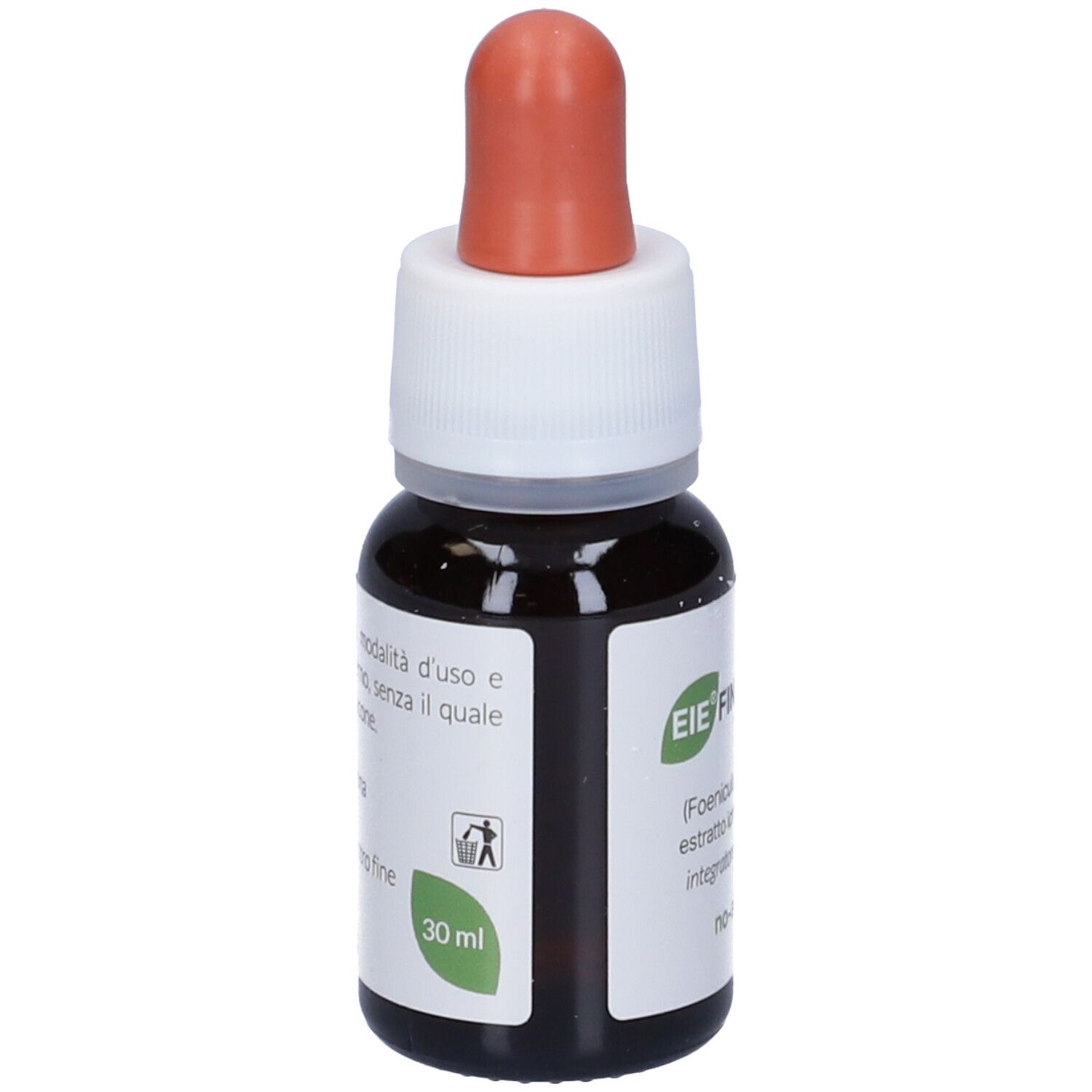 Flacone di vetro marrone con contagocce. Scritto: EIE Finocchio, 30 ml. Liquido marrone. Etichetta verde con simbolo.