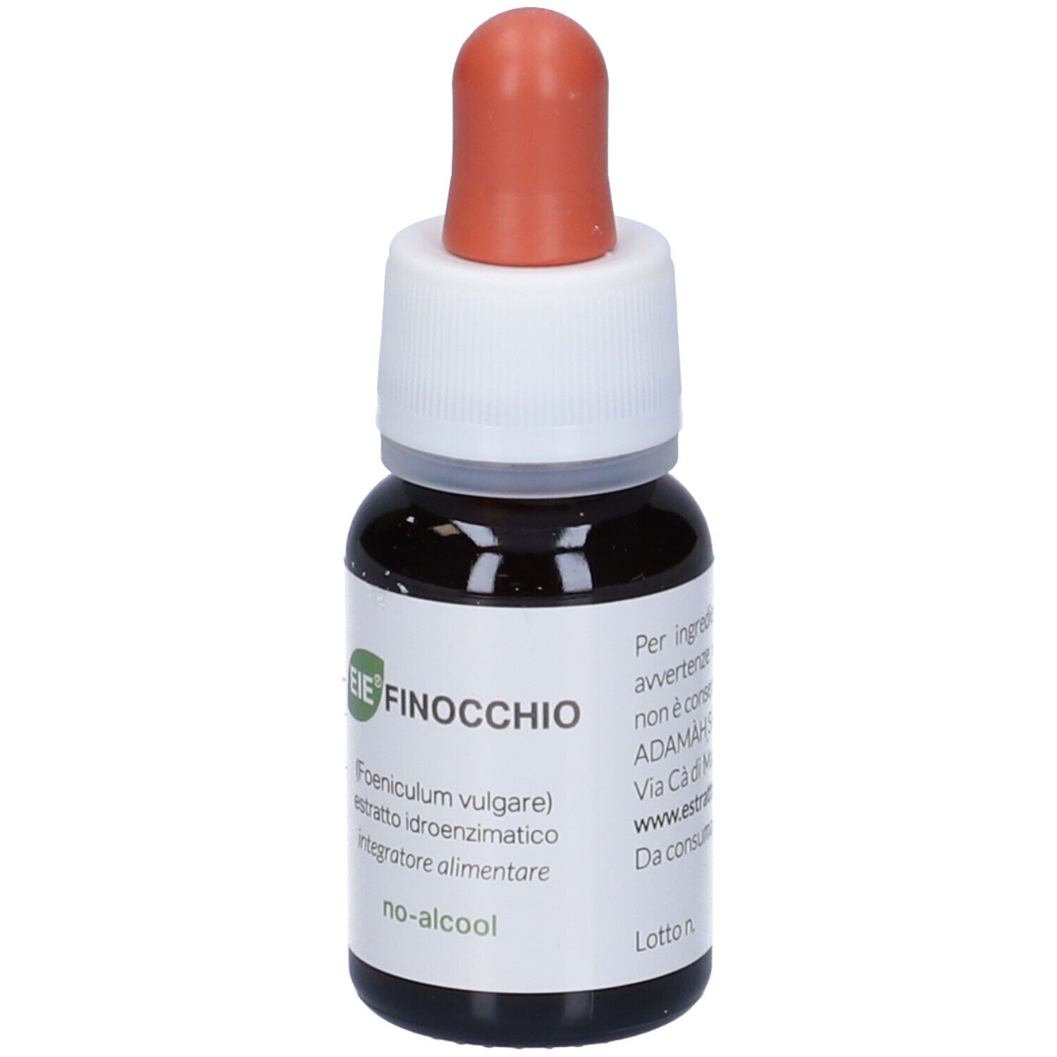 Flacone di vetro marrone con contagocce. Scritto: EIE Finocchio, (Foeniculum vulgare), no-alcool. Liquido marrone.