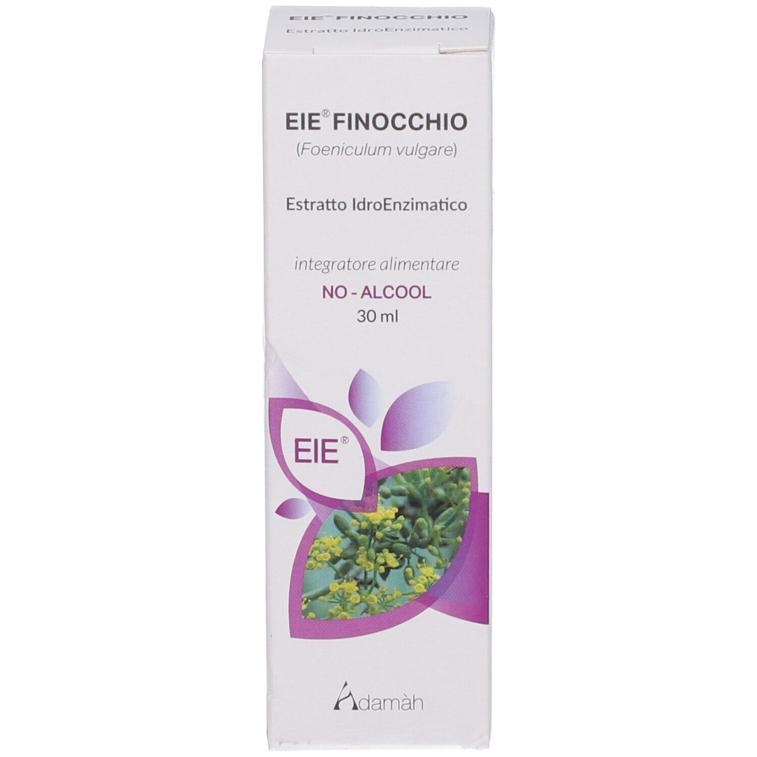 Scatola bianca con informazioni sul prodotto. Scritto: EIE Finocchio, 30 ml, NO-ALCOOL. Logo: EIE, Adamàh. Immagine: piante.