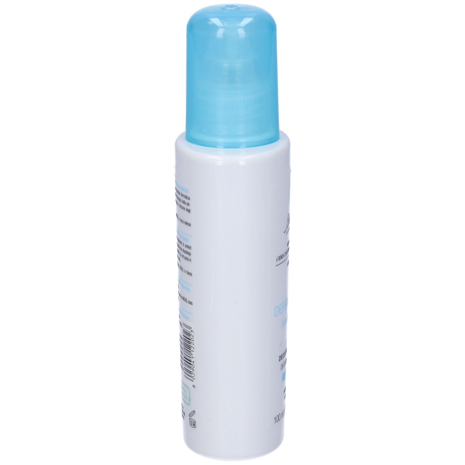 Deospray-Flasche, weiß mit blauem Sprühkopf. Seitlich Text und Barcode. Aufschrift: Defence Deo.