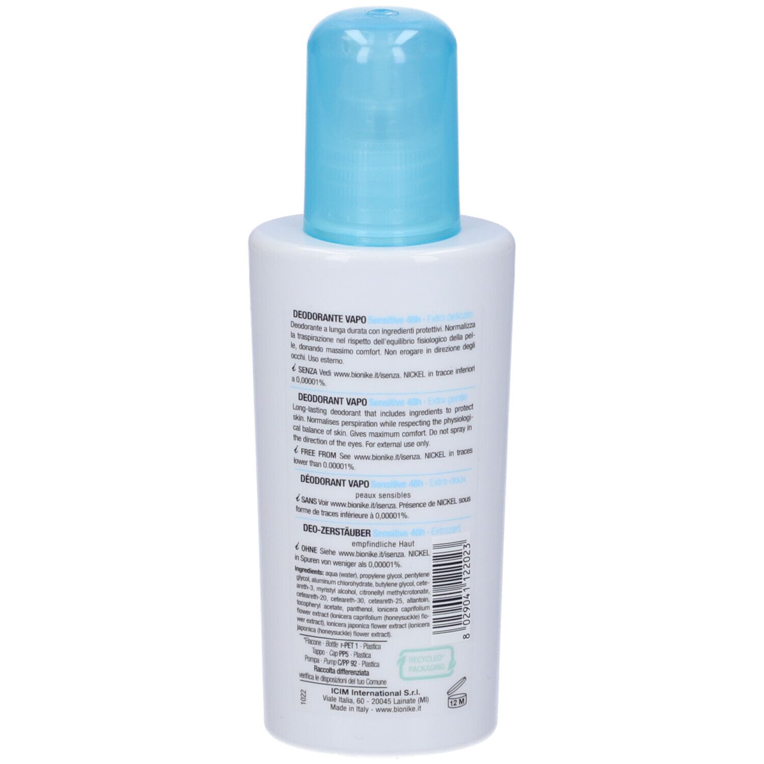 Rückseite einer weißen Deospray-Flasche mit blauem Sprühkopf. Text in mehreren Sprachen. Aufschrift: Defence Deo.